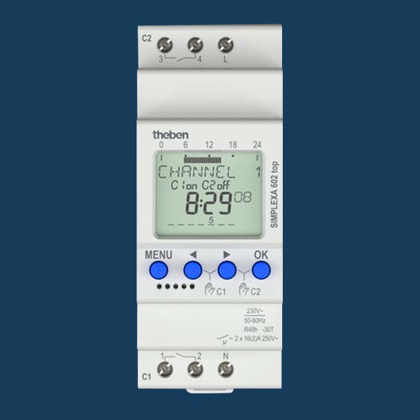 SIMPLEXA 602 top. Thiết bị hẹn giờ kỹ thuật số, theo tuần, 2 kênh, 1 phút, pin sạc