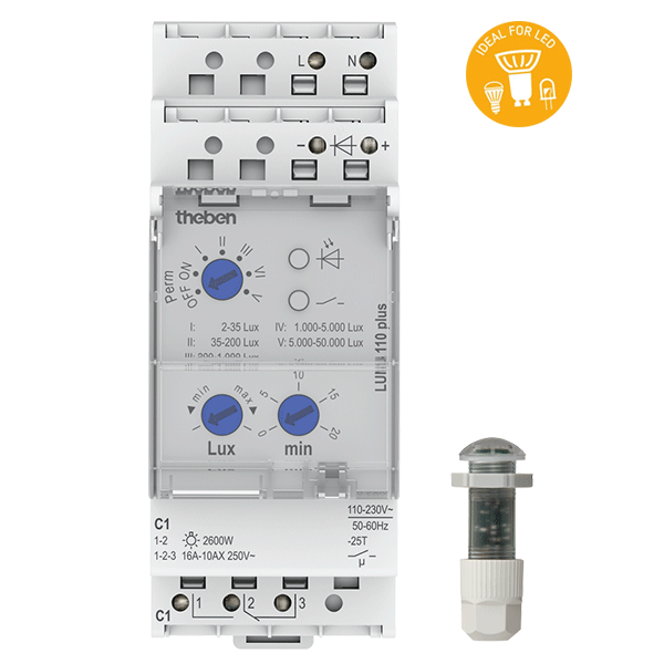 LUNA 110 Plus EL. Cảm biến ánh sáng, 2~50000lx, trễ 0~20min, cảm biến gắn chìm