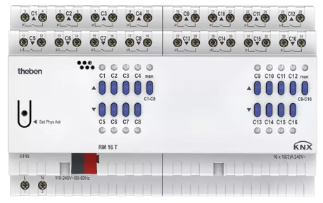 RM 16 T KNX. Bộ điều khiển đóng, ngắt hoặc rèm cửa 16 kênh, KNX.