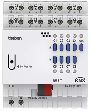 RM 8 T KNX. Bộ điều khiển đóng, ngắt hoặc rèm cửa, 8 kênh, KNX.