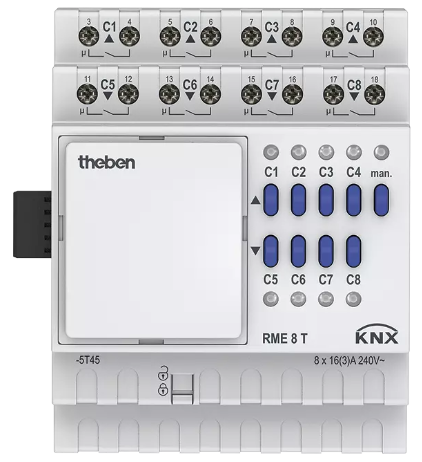 RME 8 T KNX. Bộ điều khiển đóng, ngắt hoặc rèm cửa, 8 kênh, KNX mở rộng.