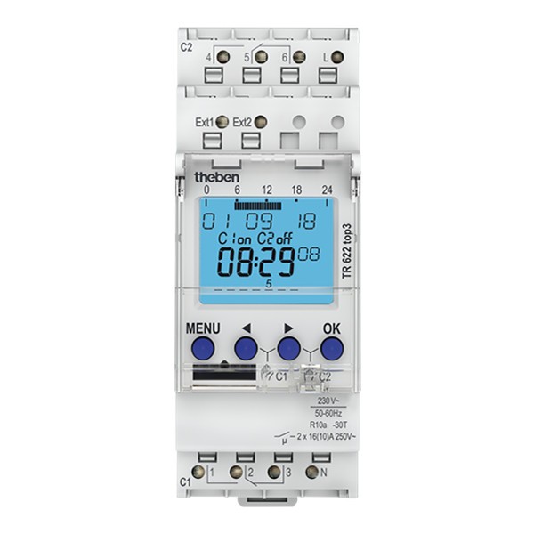 TR 622 top3. Công tắc thời gian KTS, 2 kênh, c/trình tuần/84 ô nhớ/1 giây, BLE.