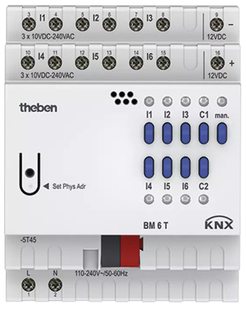 BM 6 T KNX. Bộ chuyển đổi tín hiệu nhị phân/KNX, 6 kênh, DIN.
