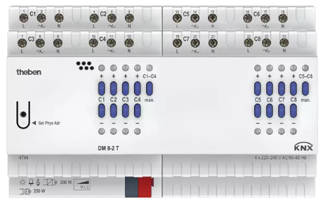 DM 8-2 T KNX. Bộ điều khiển cường độ sáng, 8 kênh, KNX.