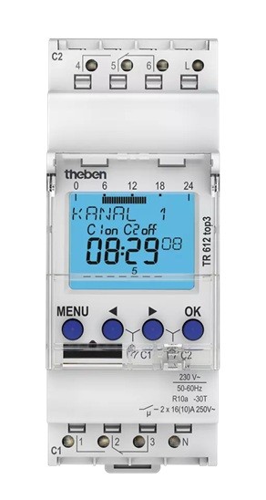TR 612 top3. Công tắc hẹn giờ KTS, 2 kênh, lịch tuần/56 ô nhớ/1 min, BLE, pin 10 năm.